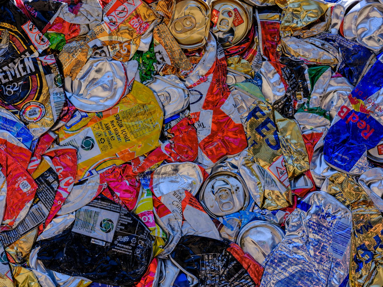 A vibrant display of crushed aluminum cans showcasing recycling art with a colorful pattern.